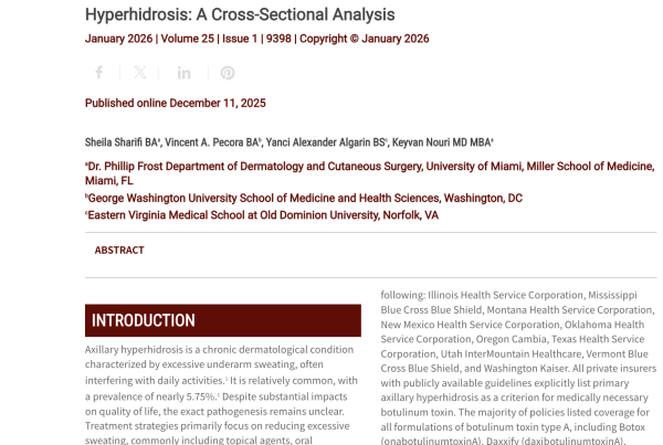 Journal of Drugs in Dermatology JDD Article about Private Insurance Coverage for Botulinum Toxin for Primary Axillary Hyperhidrosis: A Cross-Sectional Analysis