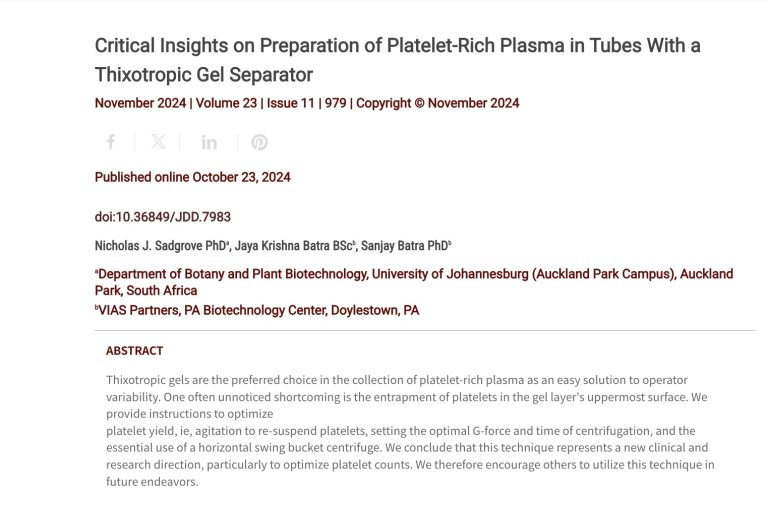 Journal of Drugs in Dermatology JDD Article about Critical Insights on Preparation of Platelet-Rich Plasma in Tubes With a Thixotropic Gel Separator