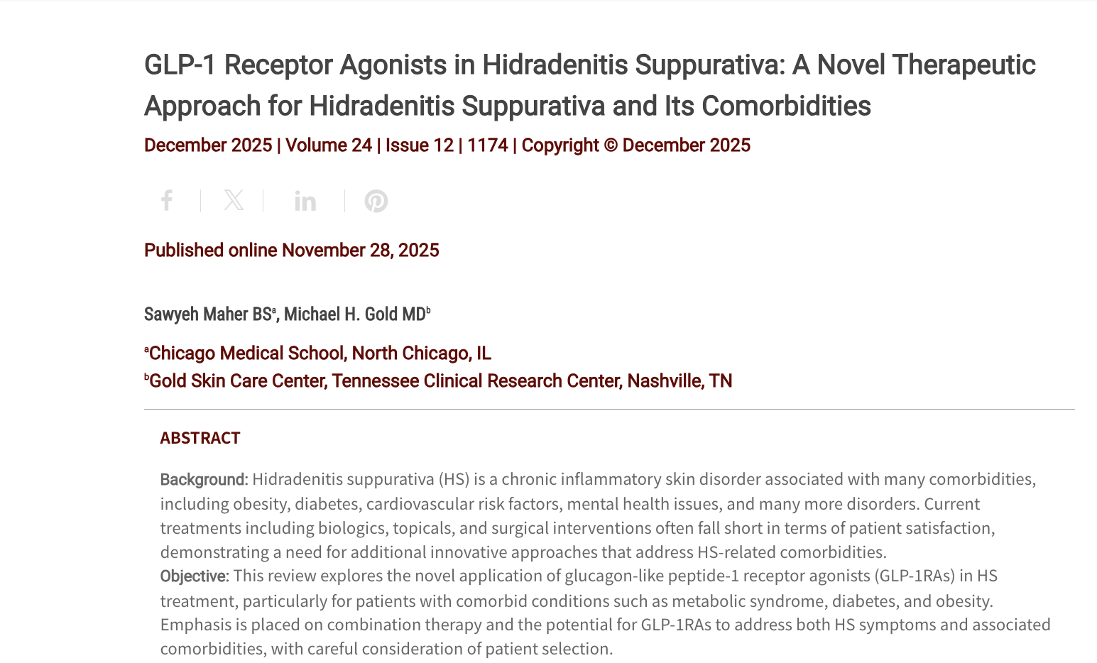 Journal of Drugs in Dermatology JDD Article about GLP-1 Receptor Agonists in Hidradenitis Suppurativa: A Novel Therapeutic Approach for Hidradenitis Suppurativa and Its Comorbidities
