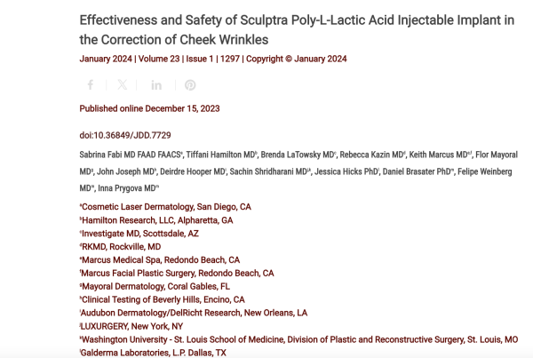 Journal of Drugs in Dermatology JDD Article about Effectiveness and Safety of Sculptra Poly-L-Lactic Acid Injectable Implant in the Correction of Cheek WrinklesPatients