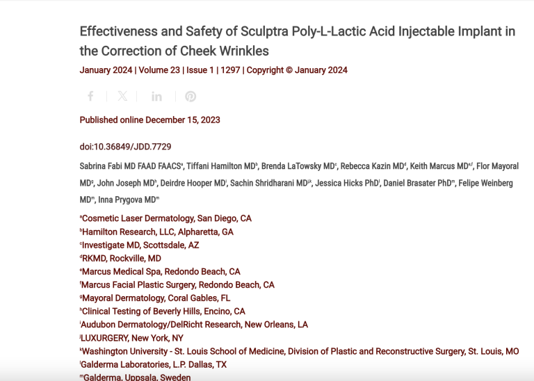 Journal of Drugs in Dermatology JDD Article about Effectiveness and Safety of Sculptra Poly-L-Lactic Acid Injectable Implant in the Correction of Cheek WrinklesPatients