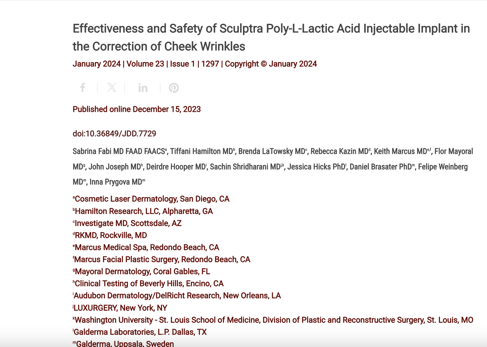 Journal of Drugs in Dermatology JDD Article about Effectiveness and Safety of Sculptra Poly-L-Lactic Acid Injectable Implant in the Correction of Cheek WrinklesPatients