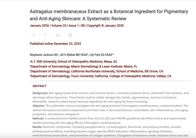 Journal of Drugs in Dermatology JDD Article about Astragalus membranaceus Extract as a Botanical Ingredient for Pigmentary and Anti-Aging Skincare: A Systematic Review