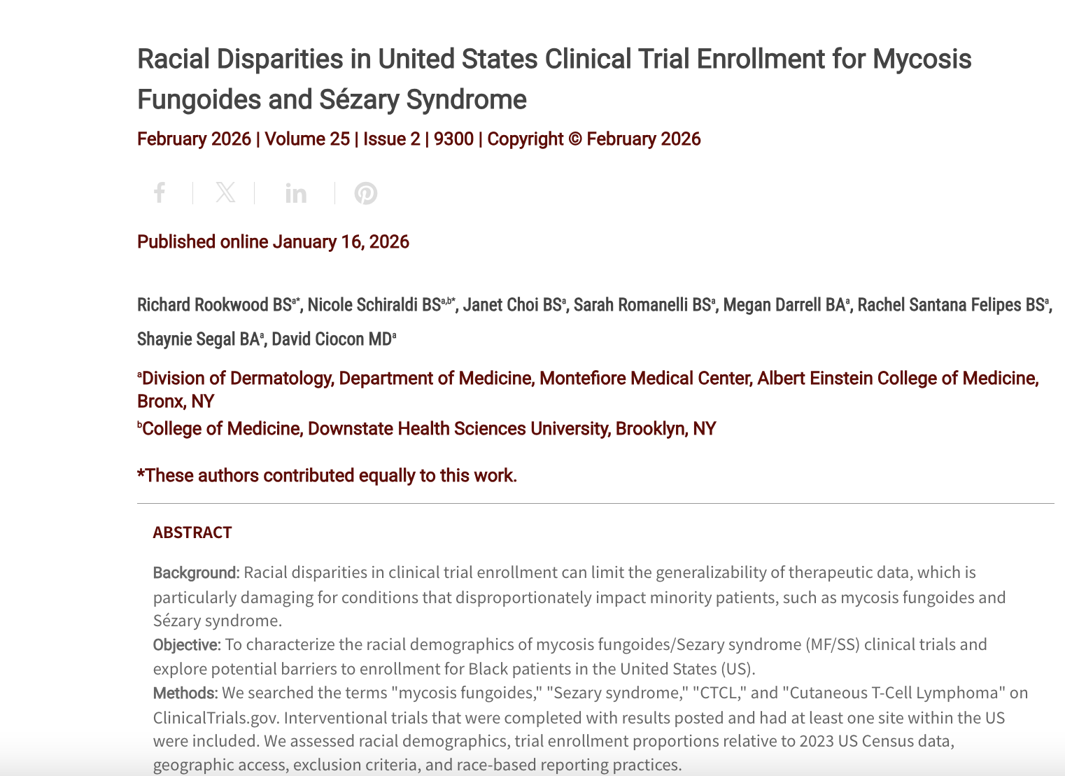 Journal of Drugs in Dermatology JDD Article about Racial Disparities in United States Clinical Trial Enrollment for Mycosis Fungoides and Sézary Syndrome