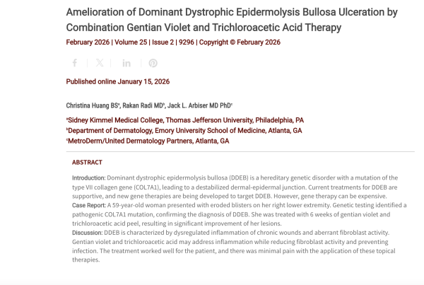 Journal of Drugs in Dermatology JDD Article about Amelioration of Dominant Dystrophic Epidermolysis Bullosa Ulceration by Combination Gentian Violet and Trichloroacetic Acid Therapy