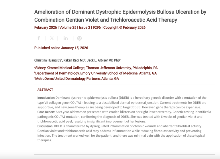 Journal of Drugs in Dermatology JDD Article about Amelioration of Dominant Dystrophic Epidermolysis Bullosa Ulceration by Combination Gentian Violet and Trichloroacetic Acid Therapy