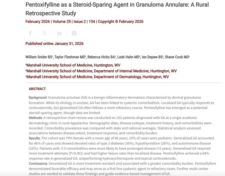 Journal of Drugs in Dermatology JDD Article about Pentoxifylline as a Steroid-Sparing Agent in Granuloma Annulare: A Rural Retrospective Study