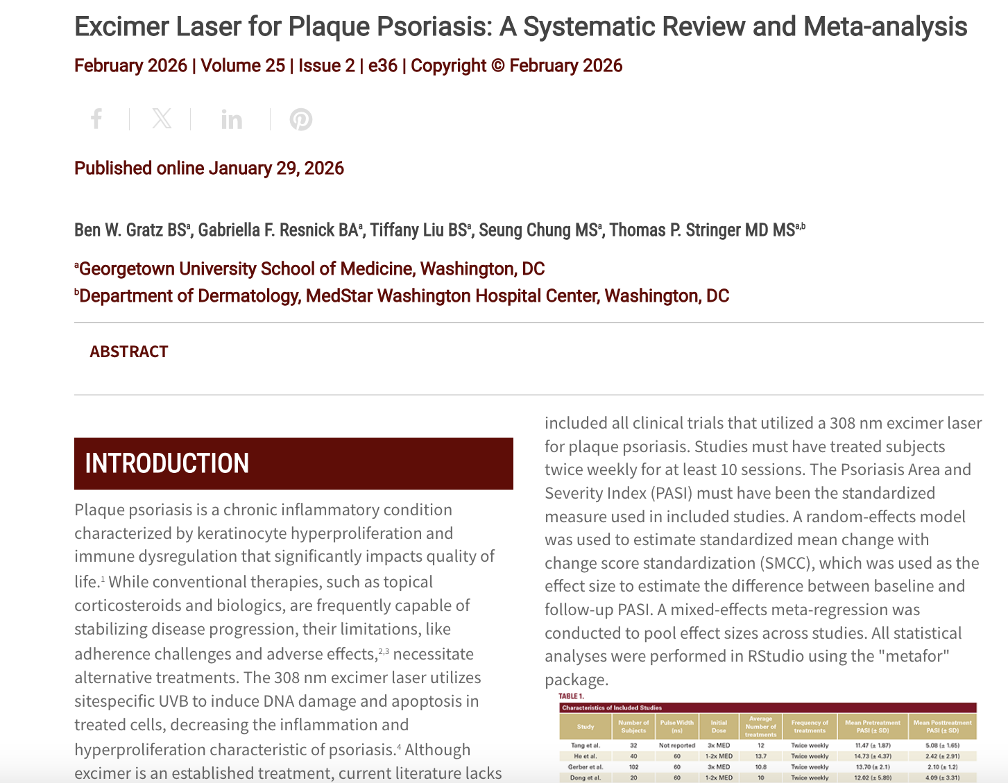 Journal of Drugs in Dermatology JDD Article about Excimer Laser for Plaque Psoriasis: A Systematic Review and Meta-analysis