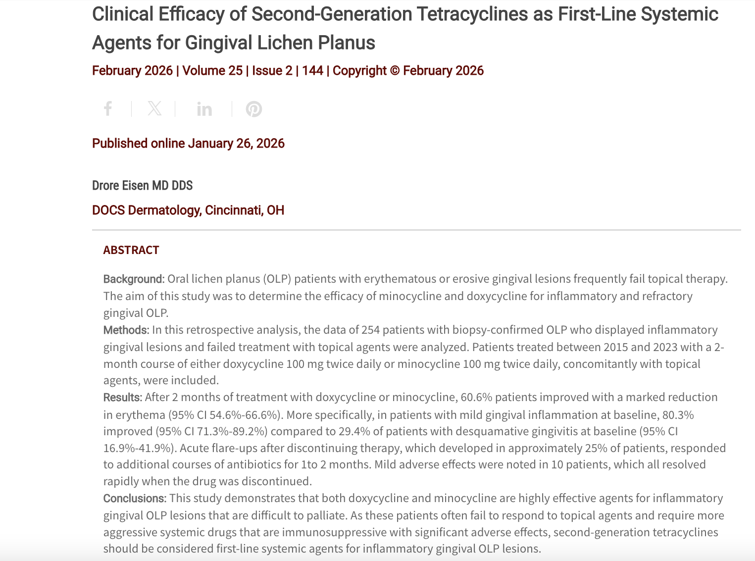 Journal of Drugs in Dermatology JDD Article about Clinical Efficacy of Second-Generation Tetracyclines as First-Line Systemic Agents for Gingival Lichen Planus