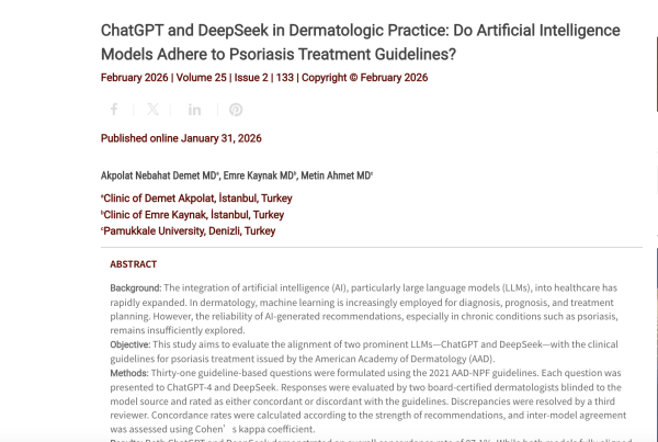 Journal of Drugs in Dermatology JDD Article about ChatGPT and DeepSeek in Dermatologic Practice: Do Artificial Intelligence Models Adhere to Psoriasis Treatment Guidelines?