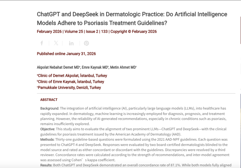 Journal of Drugs in Dermatology JDD Article about ChatGPT and DeepSeek in Dermatologic Practice: Do Artificial Intelligence Models Adhere to Psoriasis Treatment Guidelines?