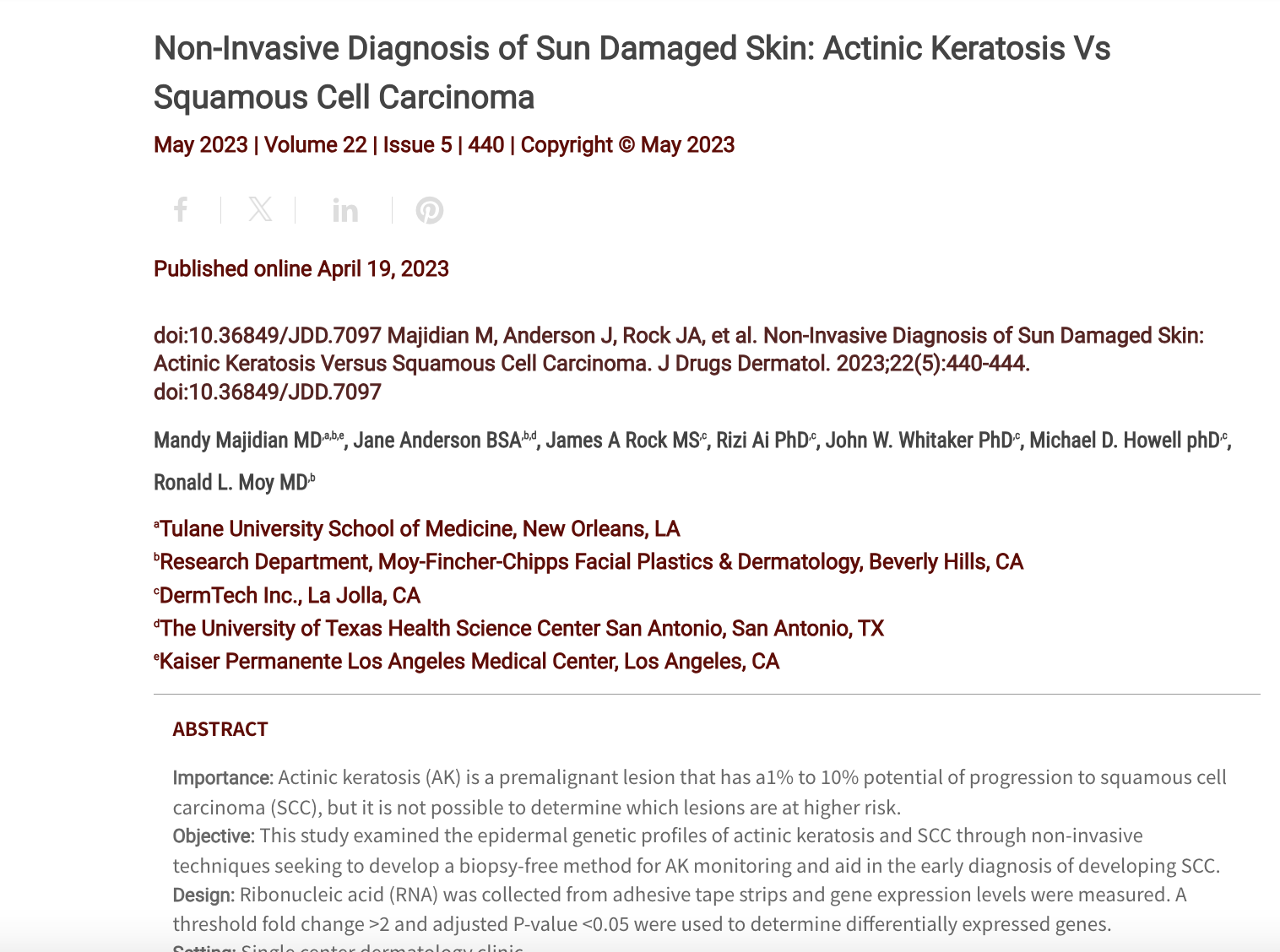 Journal of Drugs in Dermatology JDD Article about Non-Invasive Diagnosis of Sun Damaged Skin: Actinic Keratosis Vs Squamous Cell Carcinoma