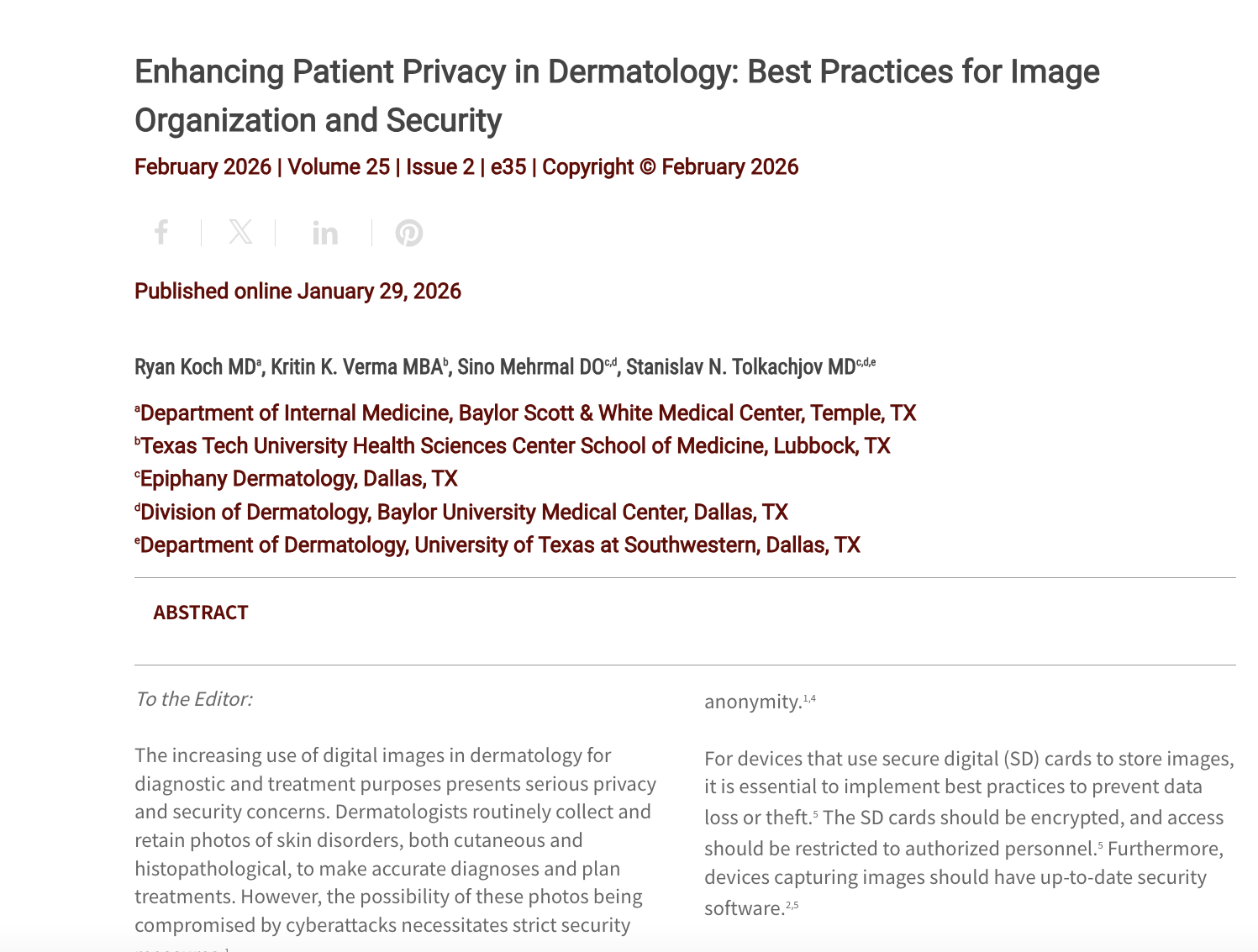 Journal of Drugs in Dermatology JDD Article about Enhancing Patient Privacy in Dermatology: Best Practices for Image Organization and Security