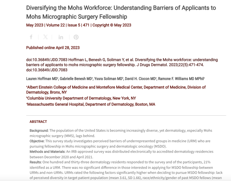 Journal of Drugs in Dermatology JDD Article about Diversifying the Mohs Workforce: Understanding Barriers of Applicants to Mohs Micrographic Surgery Fellowship