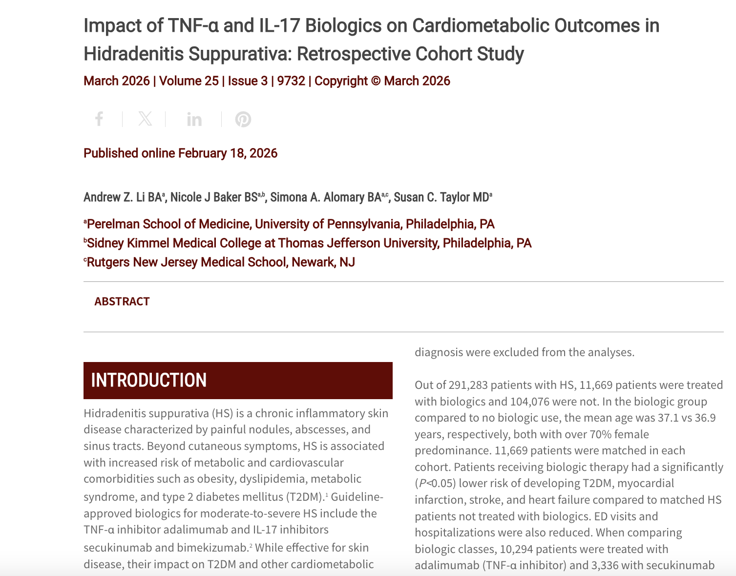 Journal of Drugs in Dermatology JDD Article about Impact of TNF-α and IL-17 Biologics on Cardiometabolic Outcomes in Hidradenitis Suppurativa: Retrospective Cohort Study
