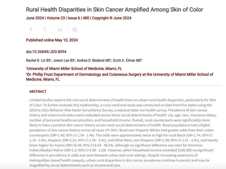 Journal of Drugs in Dermatology JDD Article about Rural Health Disparities in Skin Cancer Amplified Among Skin of Color