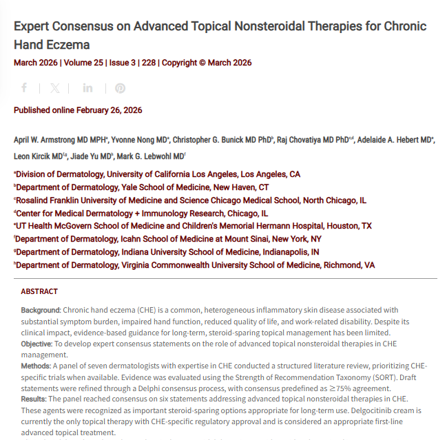 Journal of Drugs in Dermatology JDD Article about Expert Consensus on Advanced Topical Nonsteroidal Therapies for Chronic Hand Eczema