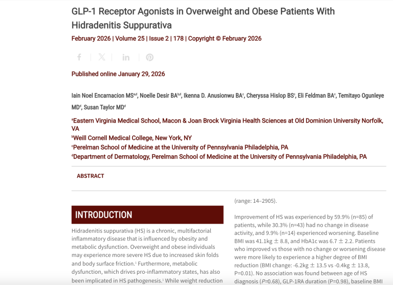Journal of Drugs in Dermatology JDD Article about GLP-1 Receptor Agonists in Overweight and Obese Patients With Hidradenitis Suppurativa
