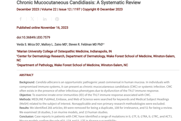 Journal of Drugs in Dermatology JDD Article about From the Vault: Innate Error Immunities of the Th17 Immune Pathway Associated With Chronic Mucocutaneous Candidiasis: A Systematic Review