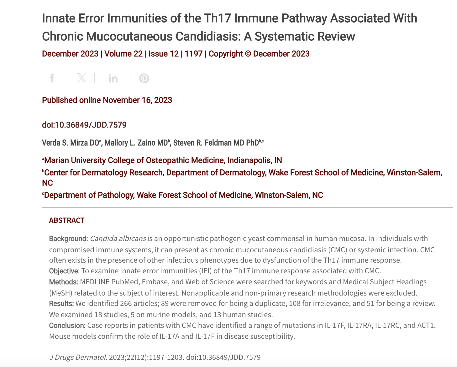 Journal of Drugs in Dermatology JDD Article about From the Vault: Innate Error Immunities of the Th17 Immune Pathway Associated With Chronic Mucocutaneous Candidiasis: A Systematic Review