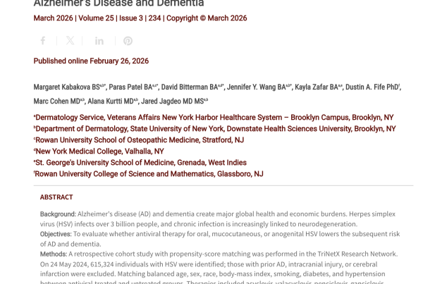 Journal of Drugs in Dermatology JDD Article about Antiviral Treatment of Herpes Simplex Virus Decreases the Risk of Alzheimer’s Disease and Dementia