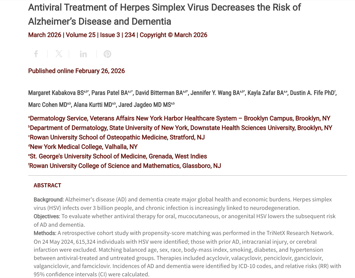 Journal of Drugs in Dermatology JDD Article about Antiviral Treatment of Herpes Simplex Virus Decreases the Risk of Alzheimer’s Disease and Dementia