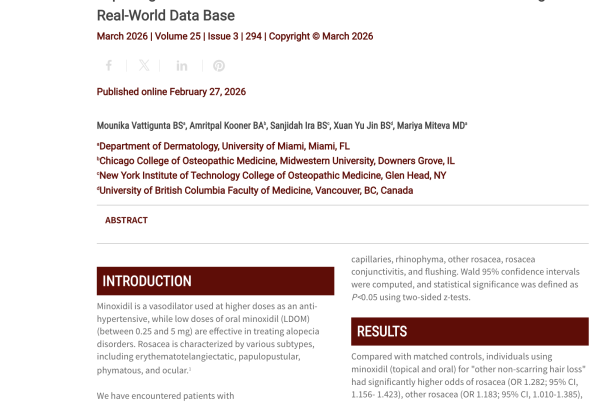 Journal of Drugs in Dermatology JDD Article about Exploring the Potential Link Between Minoxidil Use and Rosacea Using A Real-World Data Base