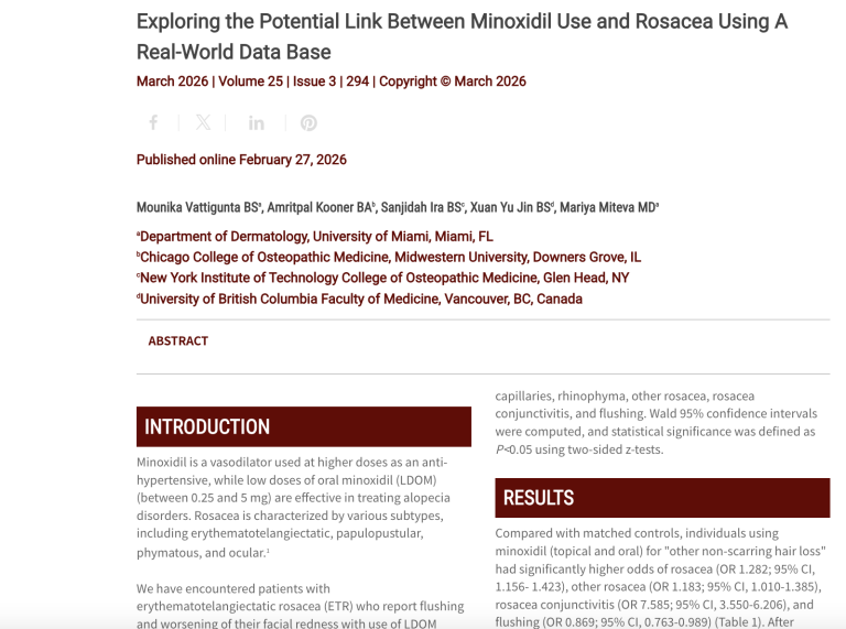 Journal of Drugs in Dermatology JDD Article about Exploring the Potential Link Between Minoxidil Use and Rosacea Using A Real-World Data Base