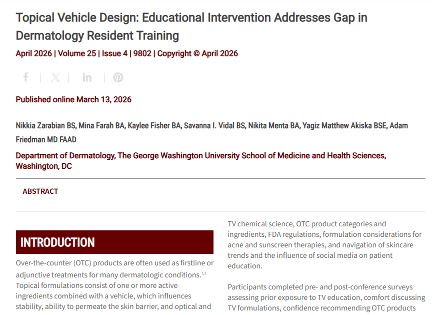 Journal of Drugs in Dermatology JDD Article about Topical Vehicle Design: Educational Intervention Addresses Gap in Dermatology Resident Training