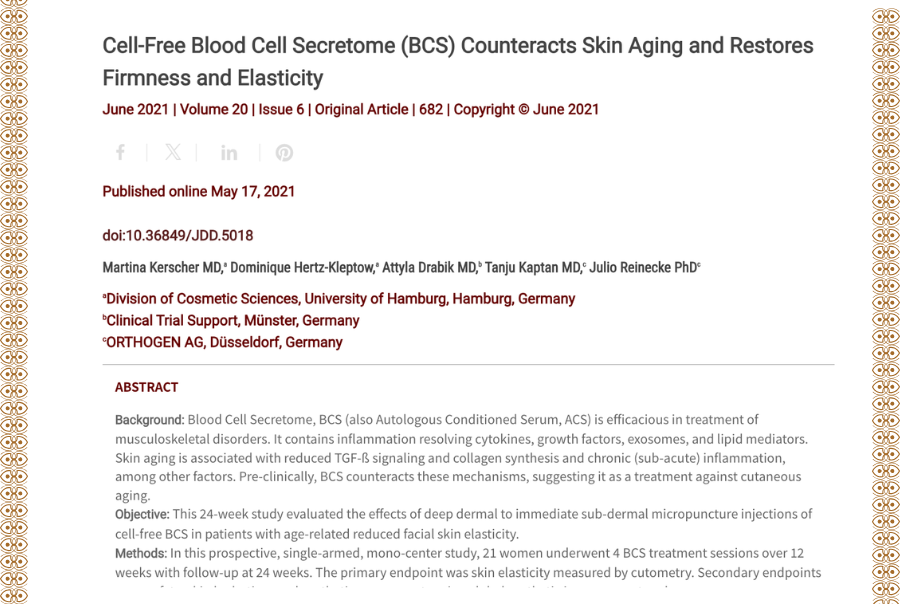 Journal of Drugs in Dermatology JDD featuring Cell-Free Blood Cell Secretome (BCS) Counteracts Skin Aging and Restores Firmness and Elasticity