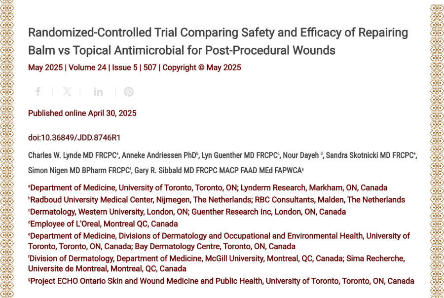 Journal of Drugs in Dermatology JDD featuring Randomized-Controlled Trial Comparing Safety and Efficacy of Repairing Balm vs Topical Antimicrobial for Post-Procedural Wounds