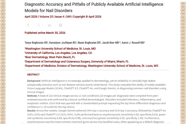 Journal of Drugs in Dermatology JDD featuring Diagnostic Accuracy and Pitfalls of Publicly Available Artificial Intelligence Models for Nail Disorders