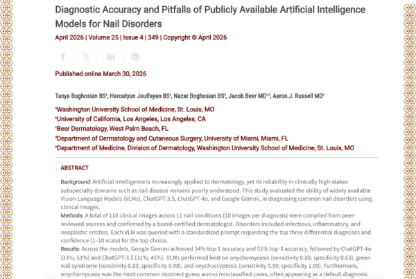 Journal of Drugs in Dermatology JDD featuring Diagnostic Accuracy and Pitfalls of Publicly Available Artificial Intelligence Models for Nail Disorders
