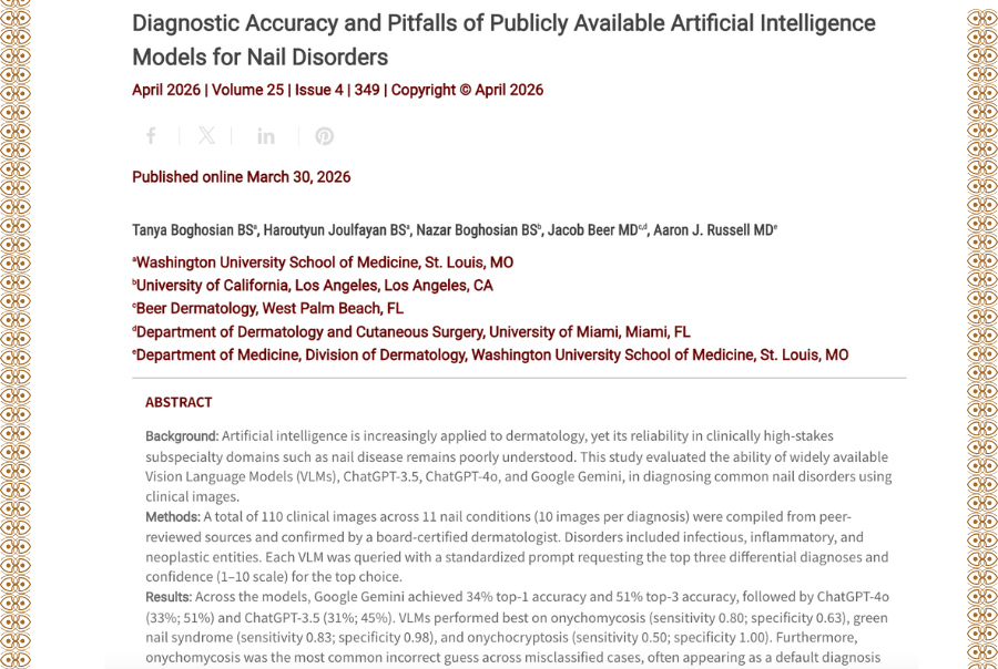 Journal of Drugs in Dermatology JDD featuring Diagnostic Accuracy and Pitfalls of Publicly Available Artificial Intelligence Models for Nail Disorders