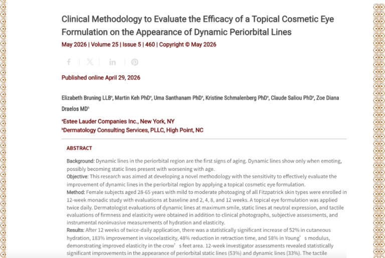 Journal of Drugs in Dermatology JDD featuring Clinical Methodology to Evaluate the Efficacy of a Topical Cosmetic Eye Formulation on the Appearance of Dynamic Periorbital Lines