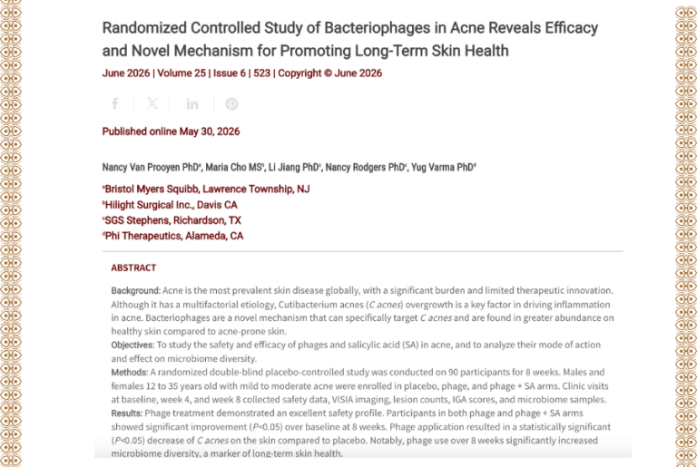 Journal of Drugs in Dermatology JDD featuring Randomized Controlled Study of Bacteriophages in Acne Reveals Efficacy and Novel Mechanism for Promoting Long-Term Skin Health