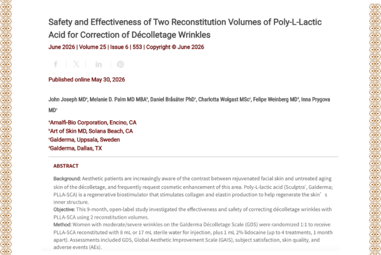 Journal of Drugs in Dermatology JDD featuring Safety and Effectiveness of Two Reconstitution Volumes of Poly-L-Lactic Acid for Correction of Décolletage Wrinkles