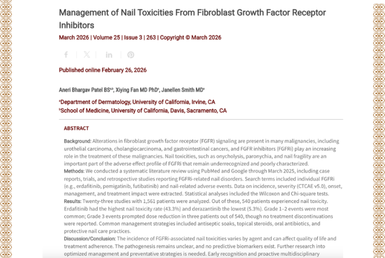 Journal of Drugs in Dermatology JDD featuring Management of Nail Toxicities From Fibroblast Growth Factor Receptor Inhibitors