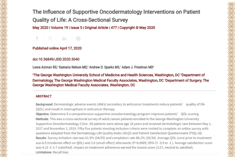Journal of Drugs in Dermatology JDD featuring The Influence of Supportive Oncodermatology Interventions on Patient Quality of Life: A Cross-Sectional Survey