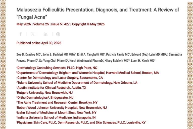 Journal of Drugs in Dermatology JDD featuring Malassezia Folliculitis Presentation, Diagnosis, and Treatment: A Review of "Fungal Acne"