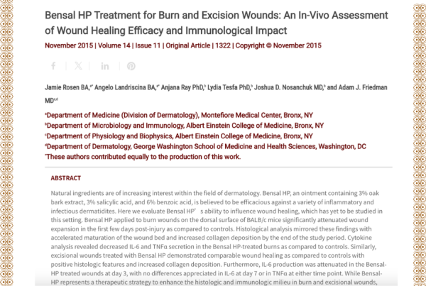 Journal of Drugs in Dermatology JDD featuring Bensal HP Treatment for Burn and Excision Wounds: An In-Vivo Assessment of Wound Healing Efficacy and Immunological Impact
