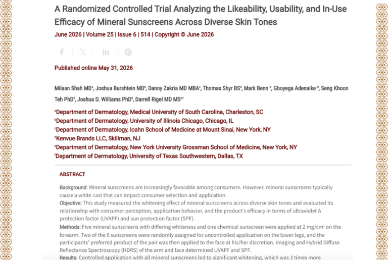 Journal of Drugs in Dermatology JDD featuring A Randomized Controlled Trial Analyzing the Likeability, Usability, and In-Use Efficacy of Mineral Sunscreens Across Diverse Skin Tones