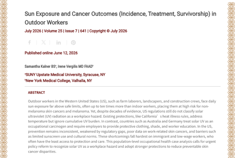 Journal of Drugs in Dermatology JDD featuring Sun Exposure and Cancer Outcomes (Incidence, Treatment, Survivorship) in Outdoor Workers