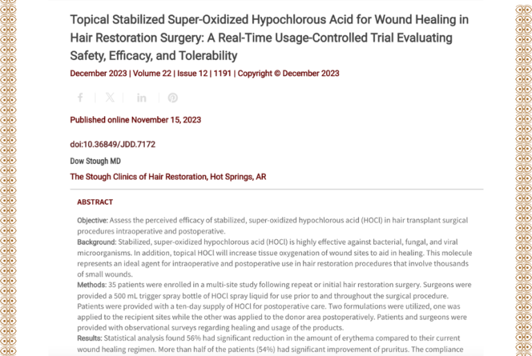 Journal of Drugs in Dermatology JDD featuring Topical Stabilized Super-Oxidized Hypochlorous Acid for Wound Healing in Hair Restoration Surgery: A Real-Time Usage-Controlled Trial Evaluating Safety, Efficacy, and Tolerability
