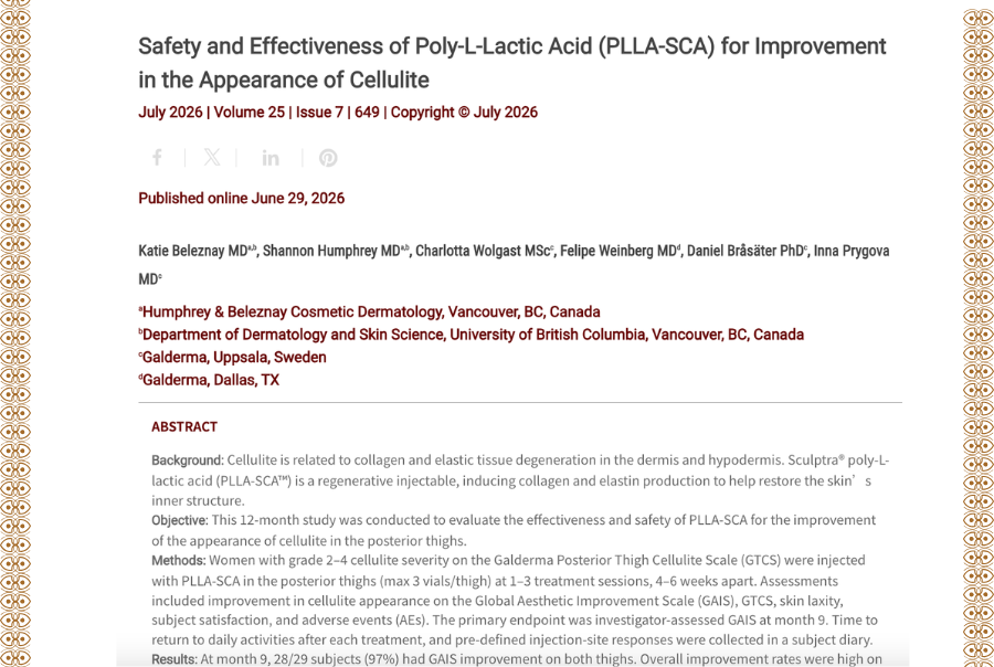 Journal of Drugs in Dermatology JDD featuring Safety and Effectiveness of Poly-L-Lactic Acid (PLLA-SCA) for Improvement in the Appearance of Cellulite