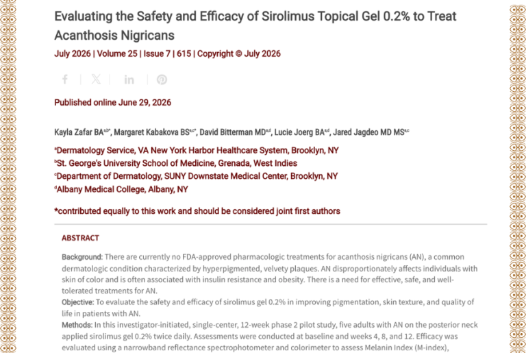 Journal of Drugs in Dermatology JDD featuring Evaluating the Safety and Efficacy of Sirolimus Topical Gel 0.2% to Treat Acanthosis Nigricans