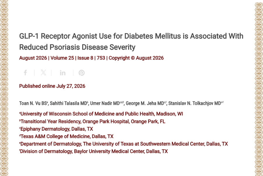 Journal of Drugs in Dermatology JDD featuring GLP-1 Receptor Agonist Use for Diabetes Mellitus is Associated With Reduced Psoriasis Disease Severity