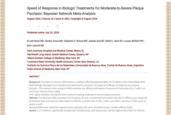 Journal of Drugs in Dermatology JDD featuring Speed of Response in Biologic Treatments for Moderate-to-Severe Plaque Psoriasis: Bayesian Network Meta-Analysis