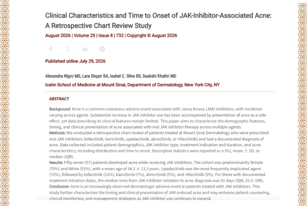Journal of Drugs in Dermatology JDD featuring Clinical Characteristics and Time to Onset of JAK-Inhibitor-Associated Acne: A Retrospective Chart Review Study