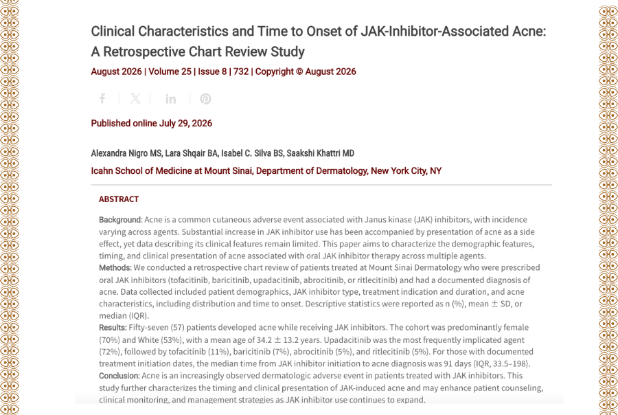 Journal of Drugs in Dermatology JDD featuring Clinical Characteristics and Time to Onset of JAK-Inhibitor-Associated Acne: A Retrospective Chart Review Study